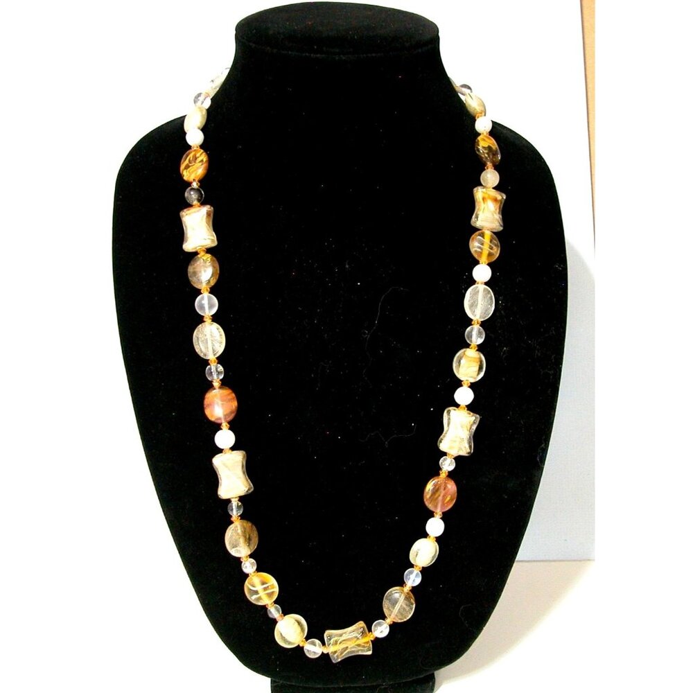 Amber & Clear Beaded Necklace & Earrings Set With Gold Accents